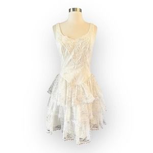 VINTAGE GUNNE SAX - Jessica McClintock Lace Dress Tiered Bridal Sleeveless Ivory